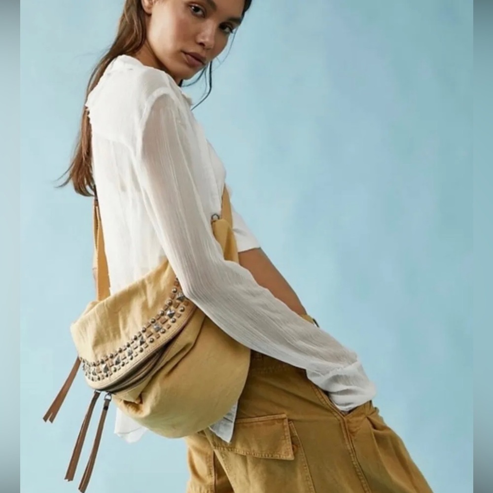 Free People Embellished Sling Bag Camel Tan Canvas.